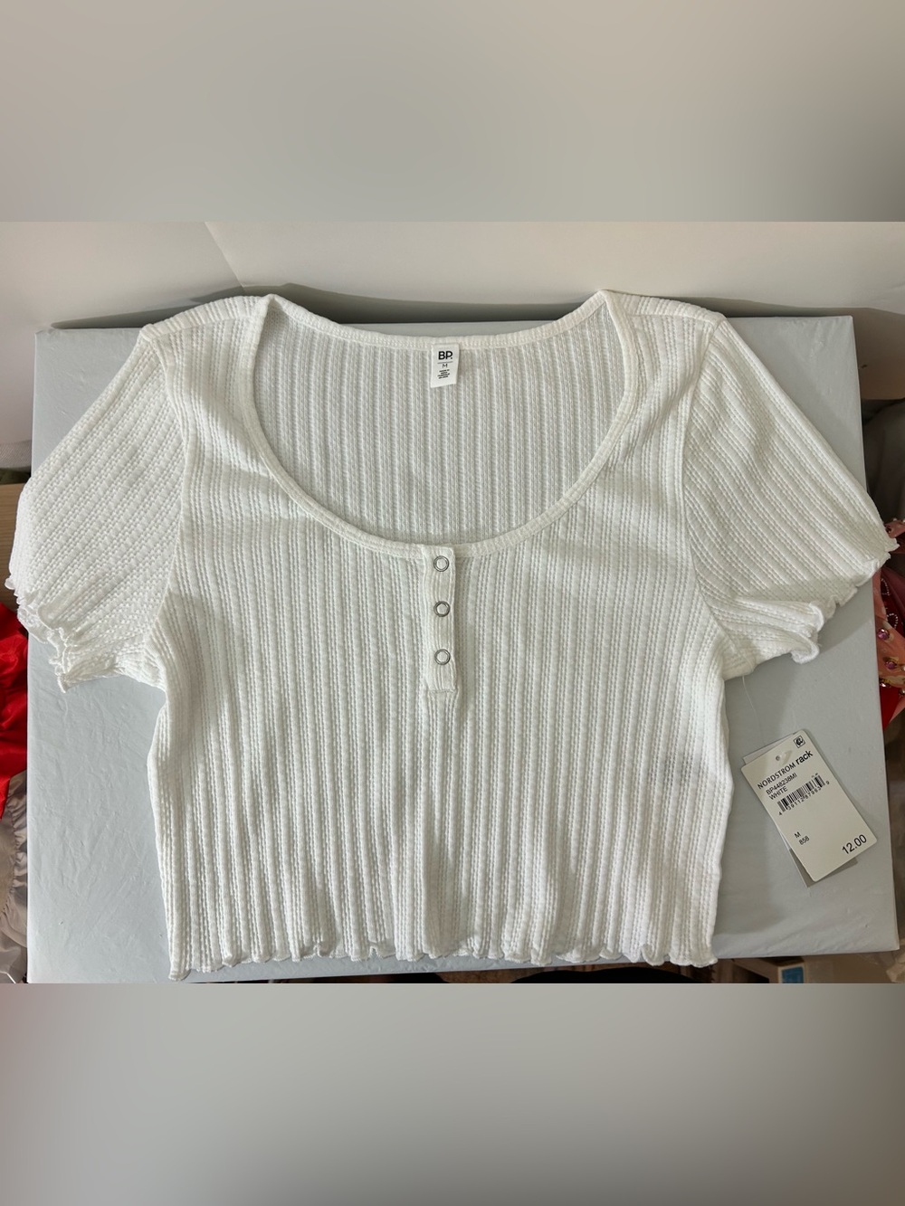 bp White Ribbed Scoop-Neck Henley Crop Top
